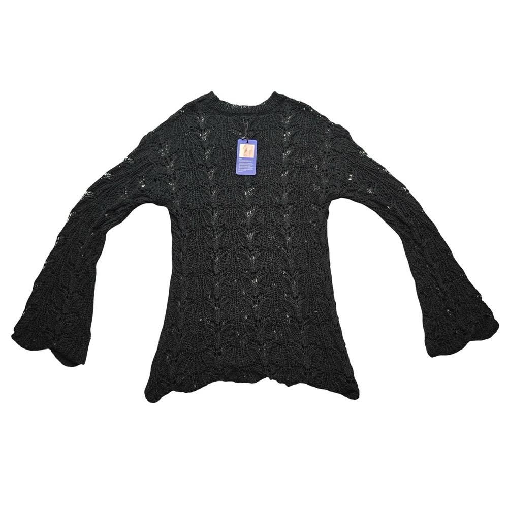 Black Knit Sweater Open Weave Long Sleeve Women’s M - Picture 1 of 7